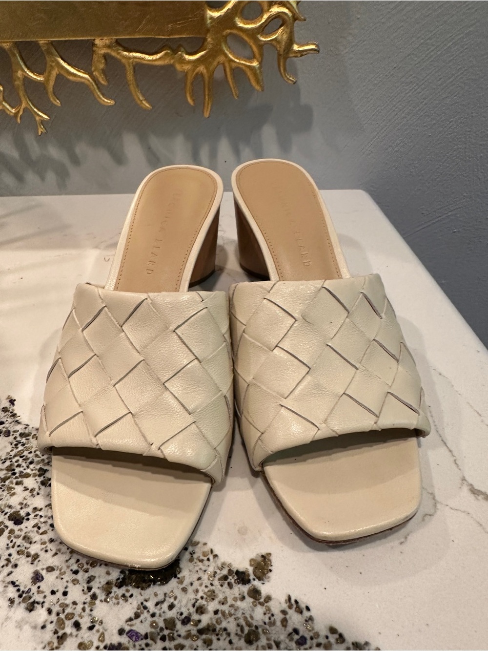Veronica Beard Cream Woven Slide Mules